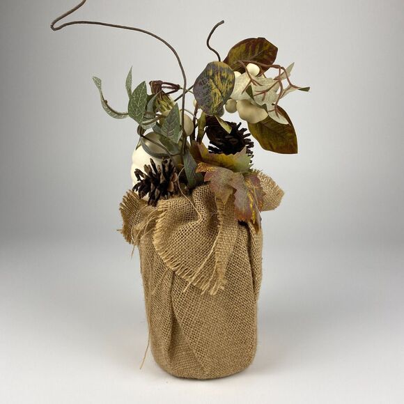 Autumn Greenery Burlap White Pumpkin Cottage Rustic Thanksgiving Centerpiece 14" - Picture 2 of 7